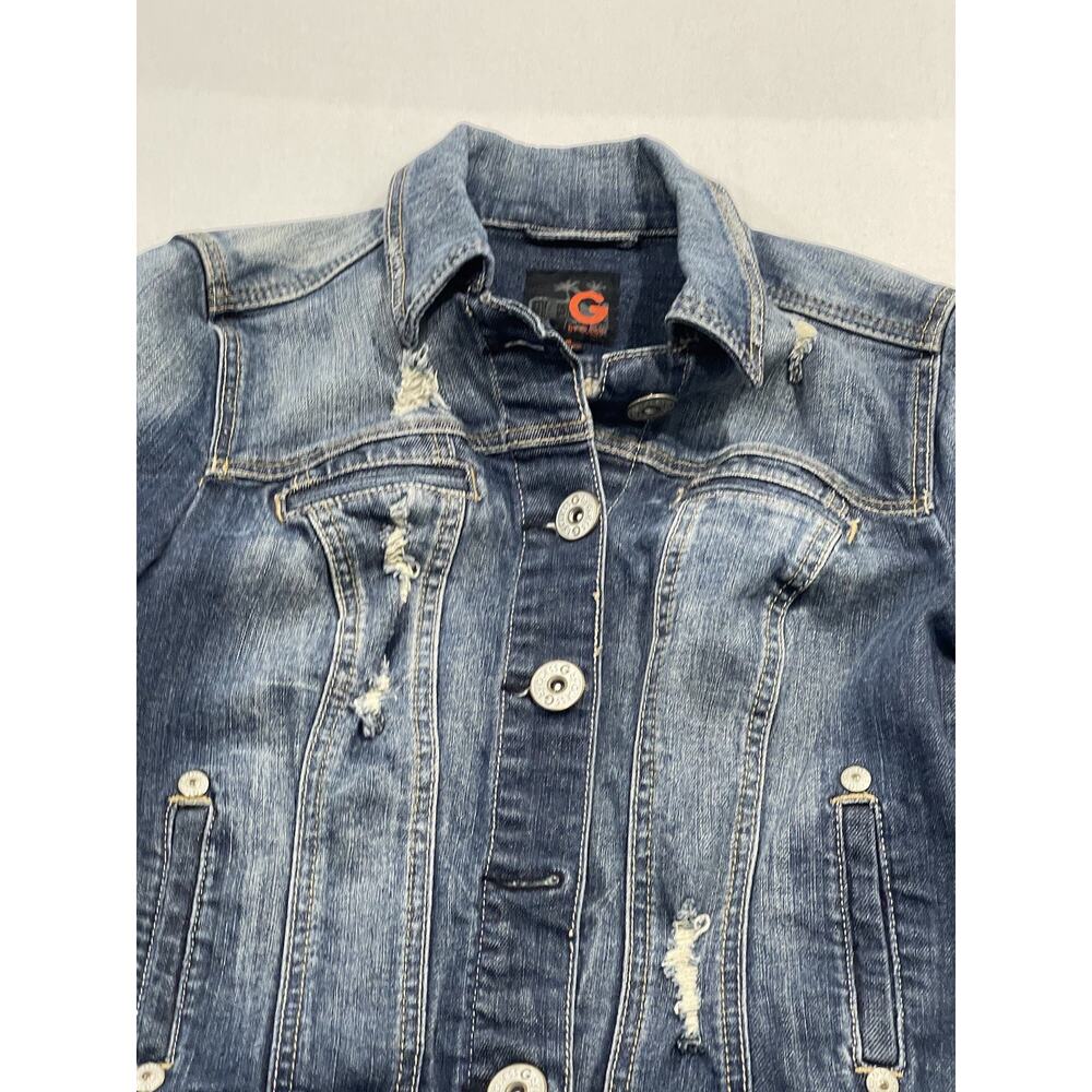 G by Guess Women's Medium Blue Denim Motorcycle Bomber Jacket Pockets - Picture 5 of 13